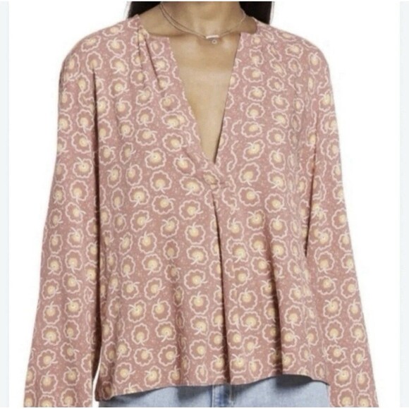 Treasure & Bond Tops - Treasure & Bond Floral Split Neck Rust Pullover Long Sleeve Top Blouse Small